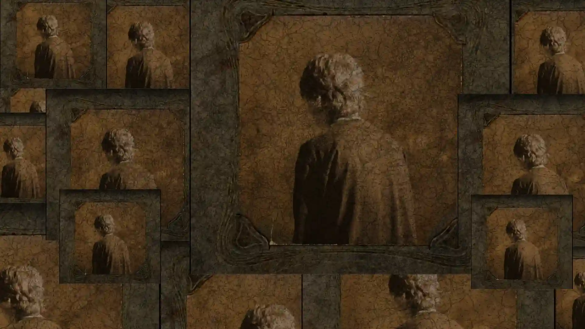 the images are distressed and stacked in different sizes throughout, the cover art image itself is all sepia/browns, feating a antique frame and a person whos back is turned to us