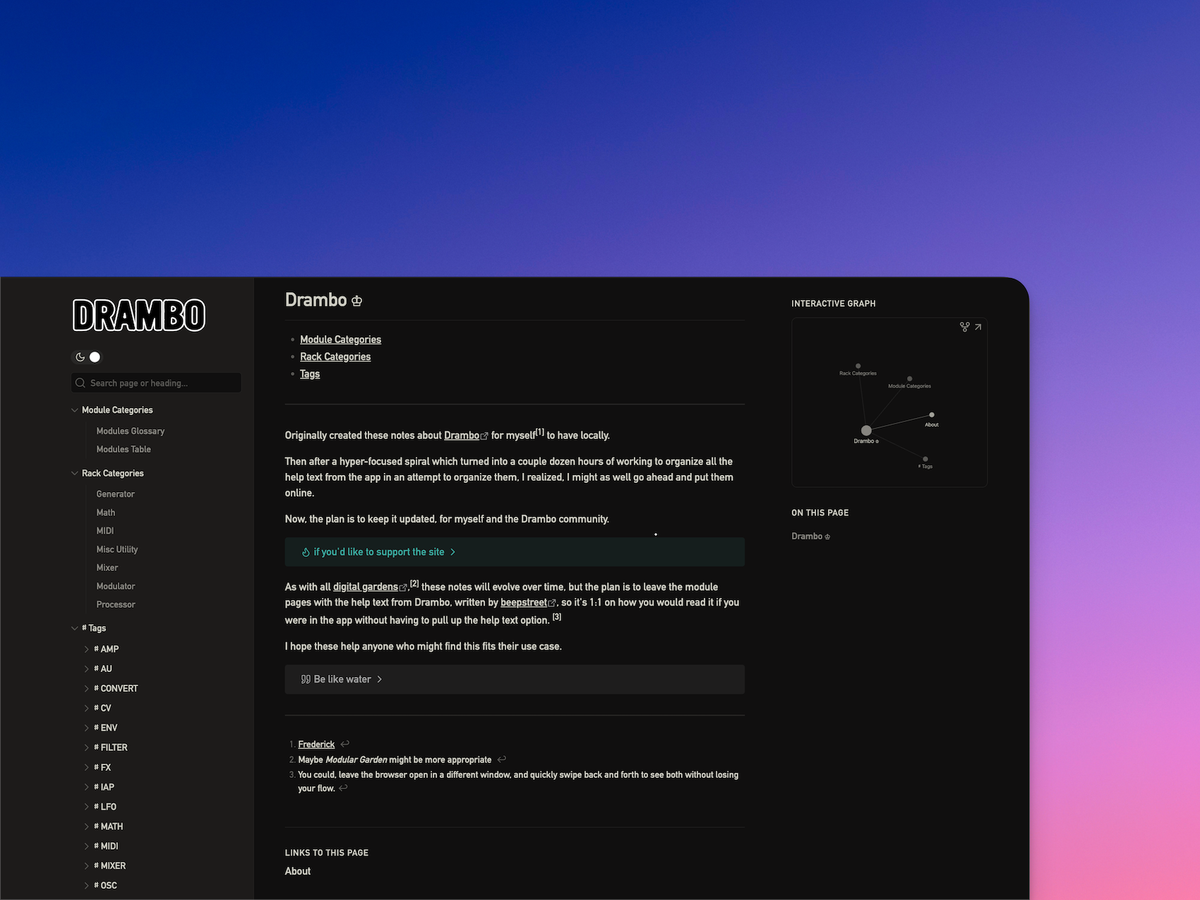 a screenshot of an (now archived) web document site for Drambo, an iOS Music App. The background is purple