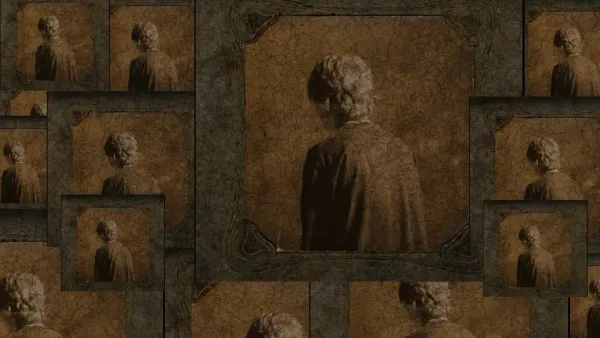 the images are distressed and stacked in different sizes throughout, the cover art image itself is all sepia/browns, feating a antique frame and a person whos back is turned to us